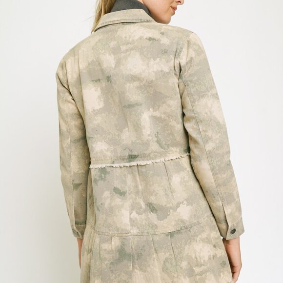 MYSTREE TIERED LONG TRUCKER JACKET Camo Utility Shacket, Beige Green Distressed - Picture 9 of 10